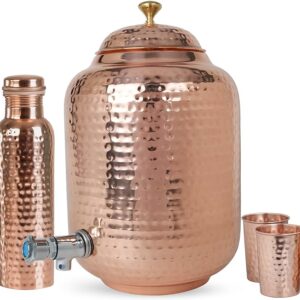 2.11 Gallon/ 8 Litre Water Dispenser, Drink Water Dispenser With 2 Pcs Copper Glass & Water Bottle Hand Hammered 100% Pure Copper, Lid and Stainless Steel Spigot Included - Water Jug Dispenser